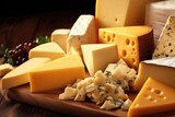 various cheese on wooden table background
