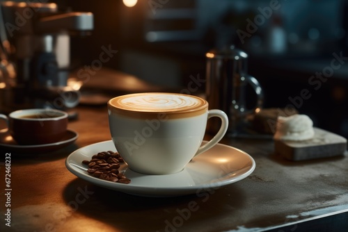 cappuccino latte coffee cup and coffee beans on wooden table in cafe commercial with bokeh background