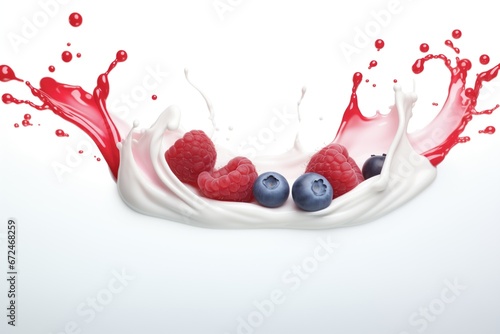 Milk splash with berries on white background