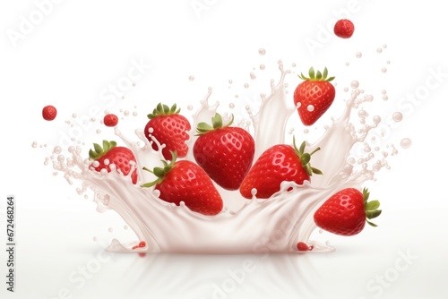 Milk yogurt splash with strawberry on white background commercial