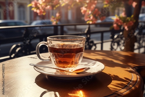 Cup of tea on the wooden table in cafe. warm morning dawn sun light