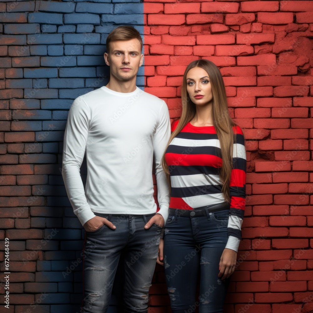a man and woman standing in front of a brick wall