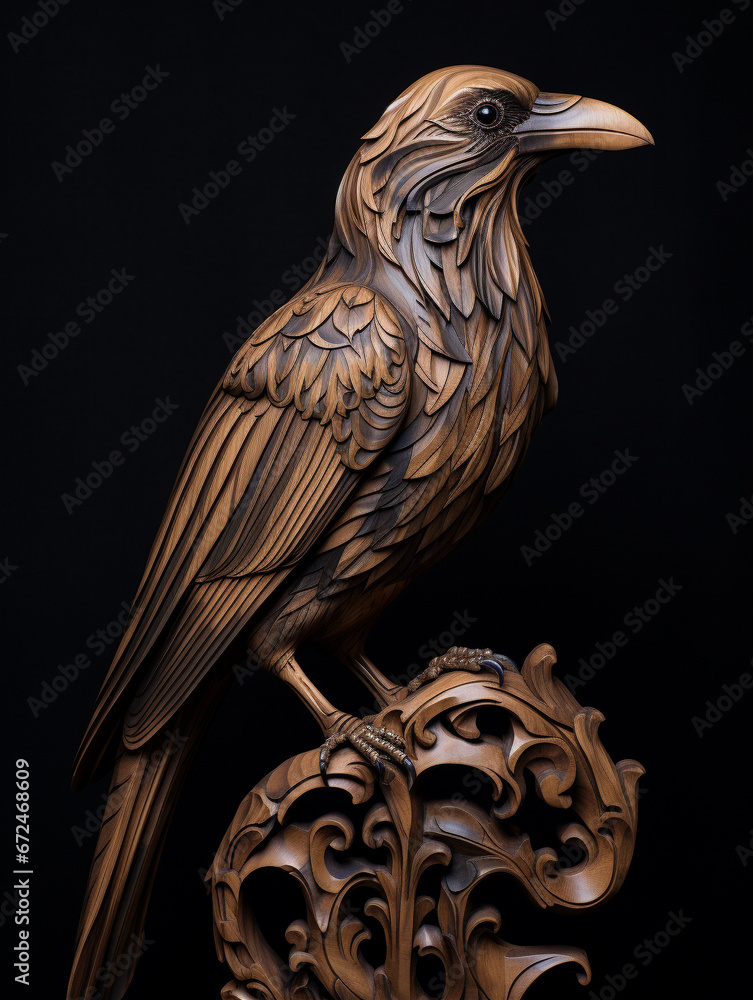 Fototapeta premium A Detailed Wood Carving of a Crow