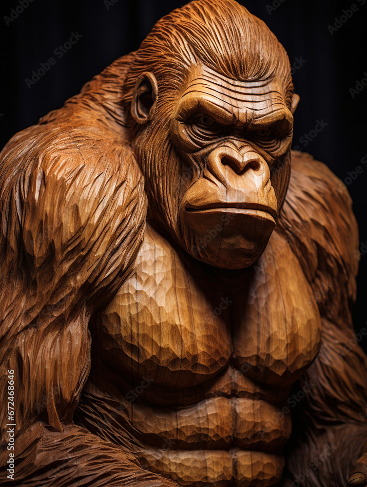 A Detailed Wood Carving of a Gorilla