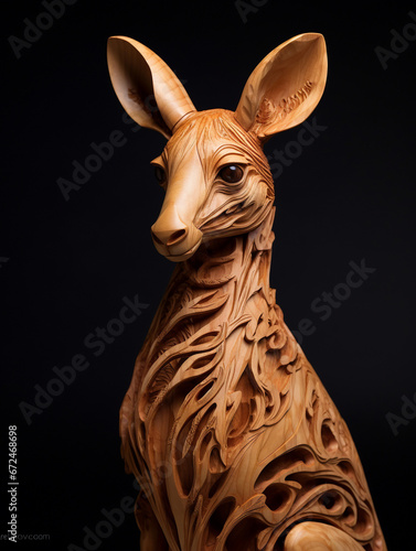 A Detailed Wood Carving of a Kangaroo photo