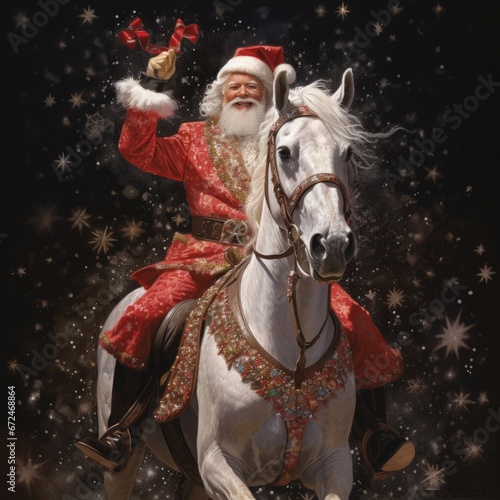 a man in a red suit riding a white horse