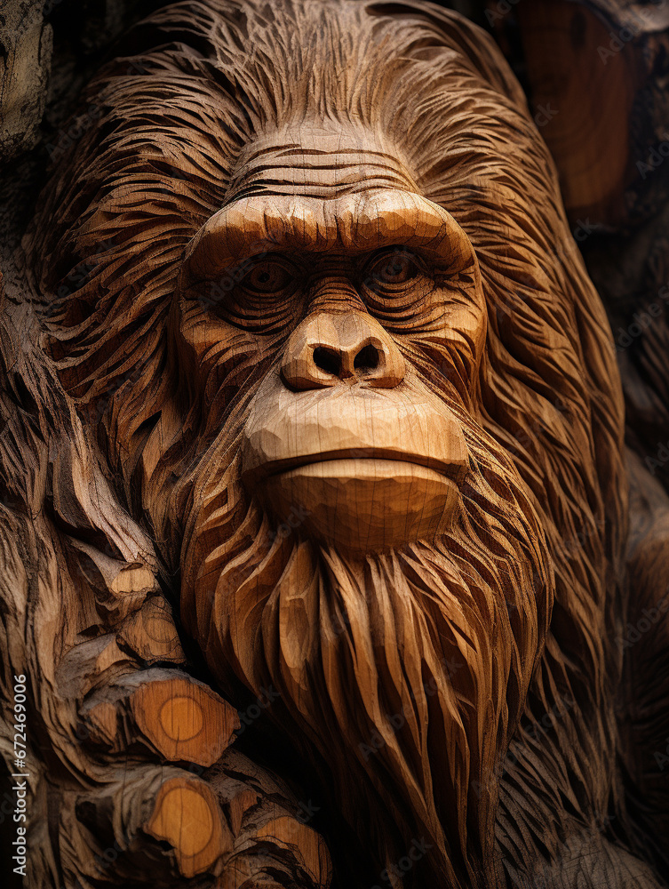 A Detailed Wood Carving of an Orangutan