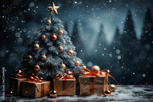 Christmas tree with gifts under snowfall. AI generative