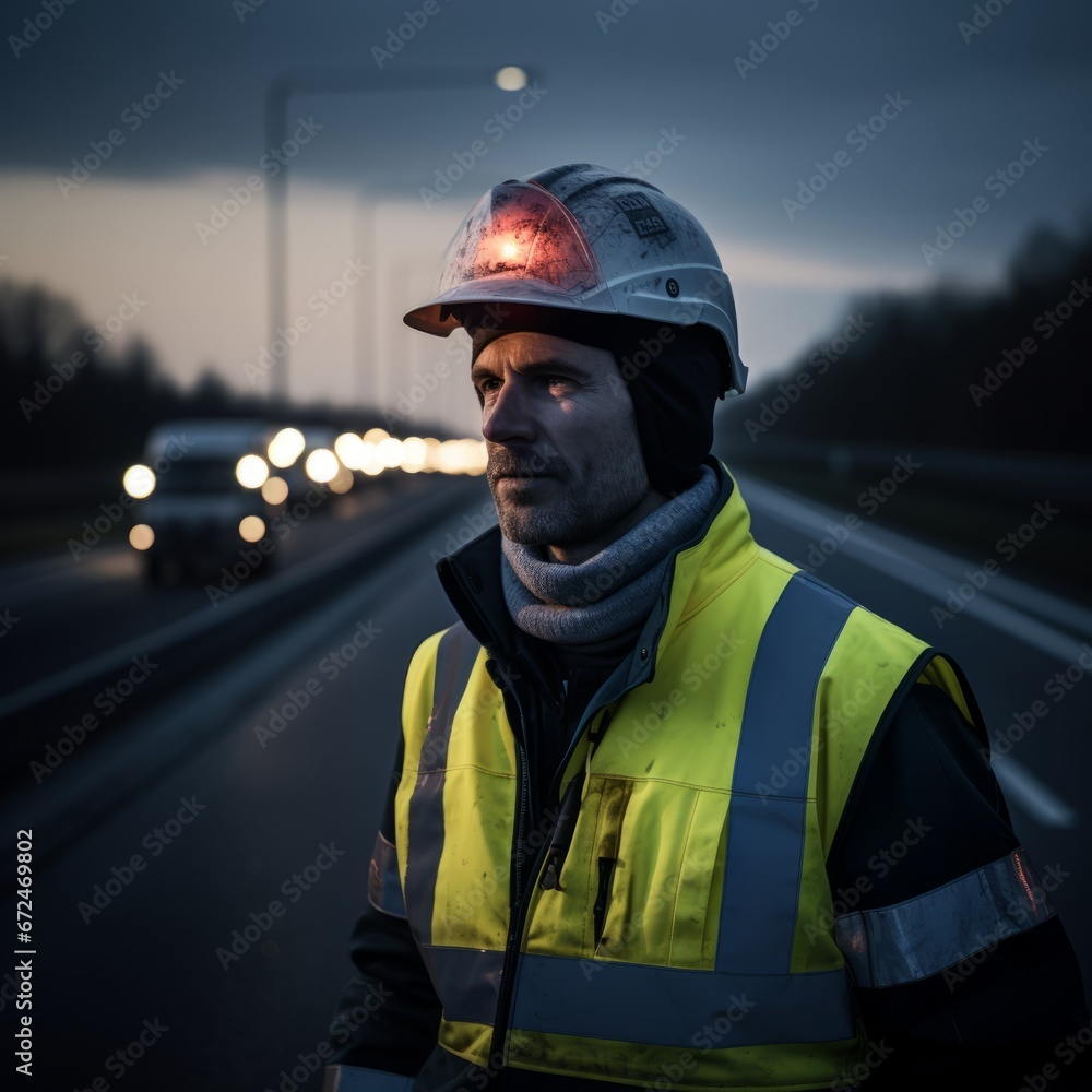 a man wearing a safety vest and helmet