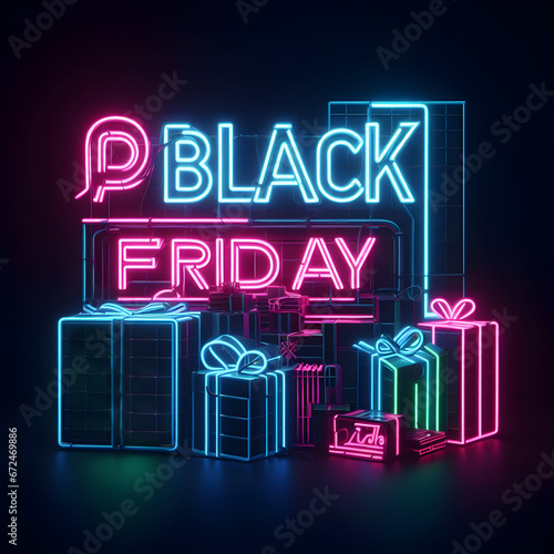 3D Black Friday Neon Pink and Blue Lights Text and Gift Boxes