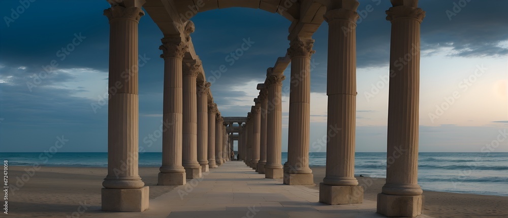 Walkway with ancient roman columns at beach at dark from Generative AI