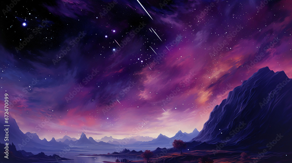 large purple starscape with sparse shooting stars. AI generative