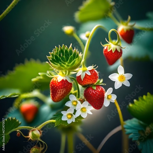 a closeup of strawberries still growing on the plant, with strawberrie flowers and ethereal ligh photo