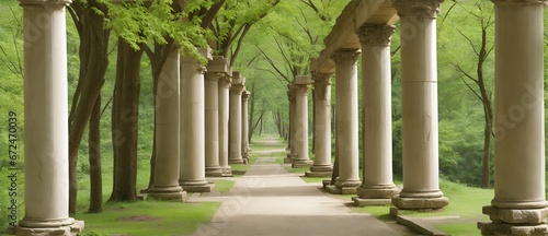 Walkway with ancient roman columns at the forest from Generative AI photo