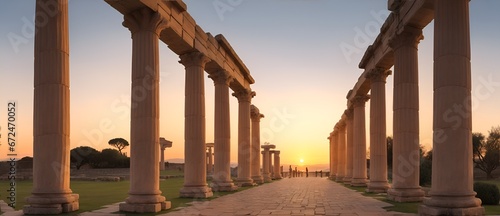  Walkway with ancient roman columns at sunset from Generative AI