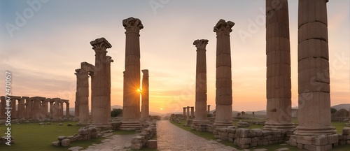 Walkway with ancient roman columns at ancient ruins at sunset. from Generative AI photo