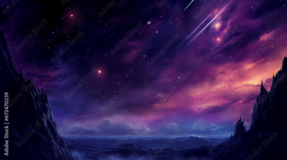 Naklejka premium large purple starscape with sparse shooting stars. AI generative