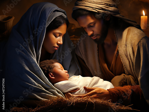 African American Art Family Nativity Scene Closeup with Virgin Mary, Father Joseph, and Christ Child
