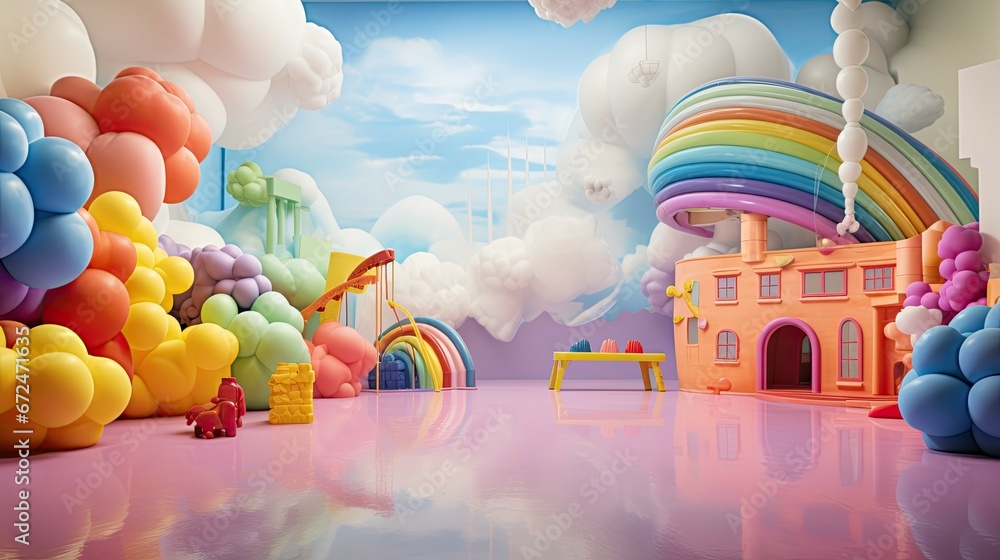 Rainbow playground room, Backdrop for photo studio, room background for children photography - obrazy, fototapety, plakaty 