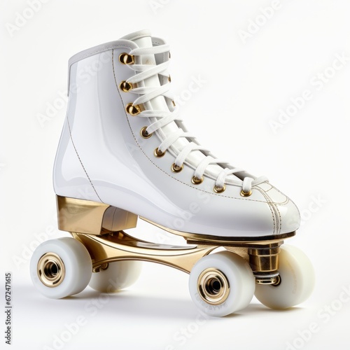 a white roller skate with gold accents