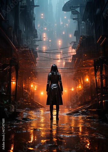 a woman in a dark alley in the rain