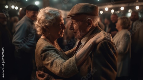 an old man and woman dancing