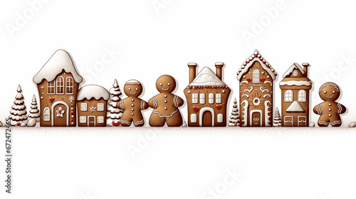 Gingerbread Houses and gingerbread men in a horizontal row, Christmas Holiday, Winter illustration, vector illustration flat style background, banner, wallpaper, space for text