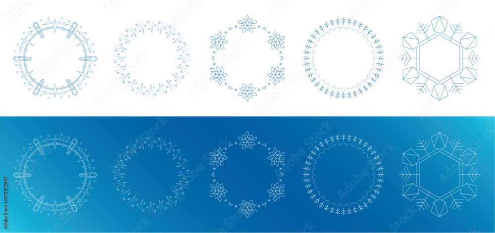 素材_フレームのセット_雪の結晶と光をモチーフにした冬の飾り枠。高級感のある囲みのデザイン。字無