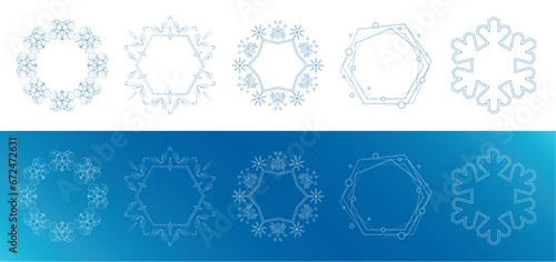 素材_フレームのセット_雪の結晶と光をモチーフにした冬の飾り枠。高級感のある囲みのデザイン。字無