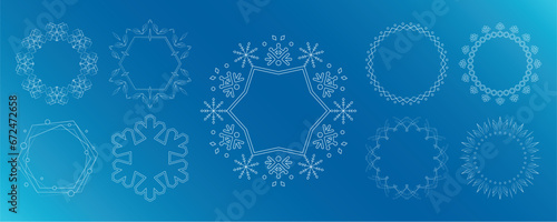素材_フレームのセット_雪の結晶と光をモチーフにした冬の飾り枠。高級感のある囲みのデザイン。字無