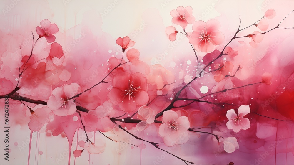 Fototapeta premium A colorful, cheerful pink and red background with abstract swirls and flowers. Generative AI. 