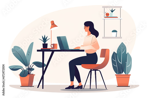 Woman communicate, workplace with computer. Remote work, freelance, house office, programming, training concept. Lady sitting with laptop and surfing Internet. Female freelancer works from home. 