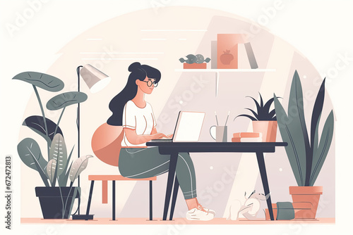 Woman communicate, workplace with computer. Remote work, freelance, house office, programming, training concept. Lady sitting with laptop and surfing Internet. Female freelancer works from home. 