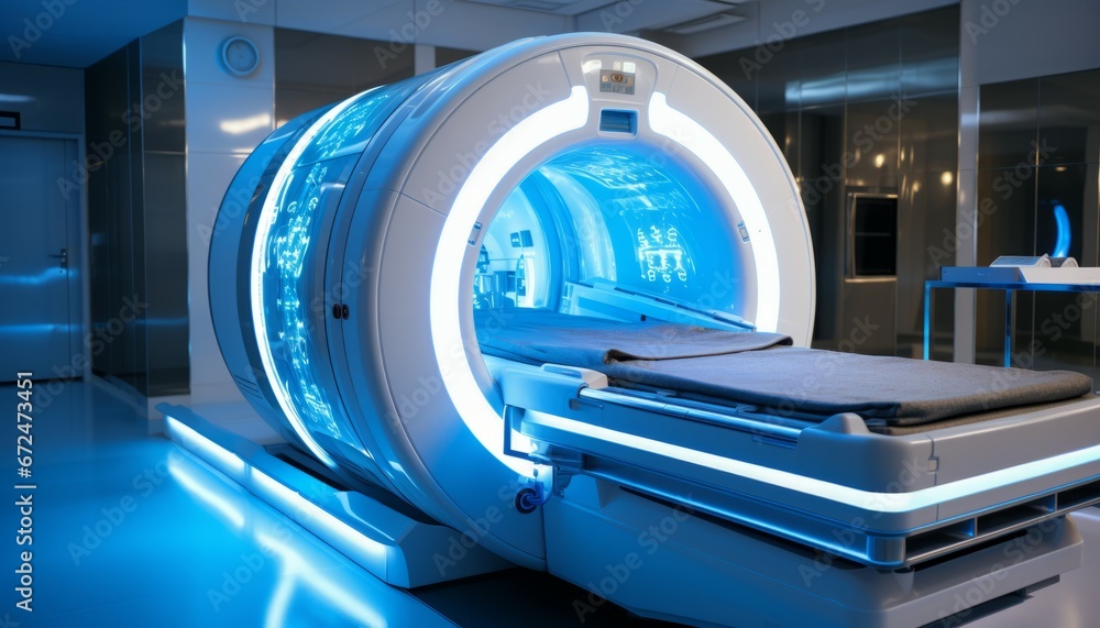 Fototapeta premium High tech advanced MRI or CT Scan medical diagnosis machine at the hospital laboratory and featuring various connected technologic devices