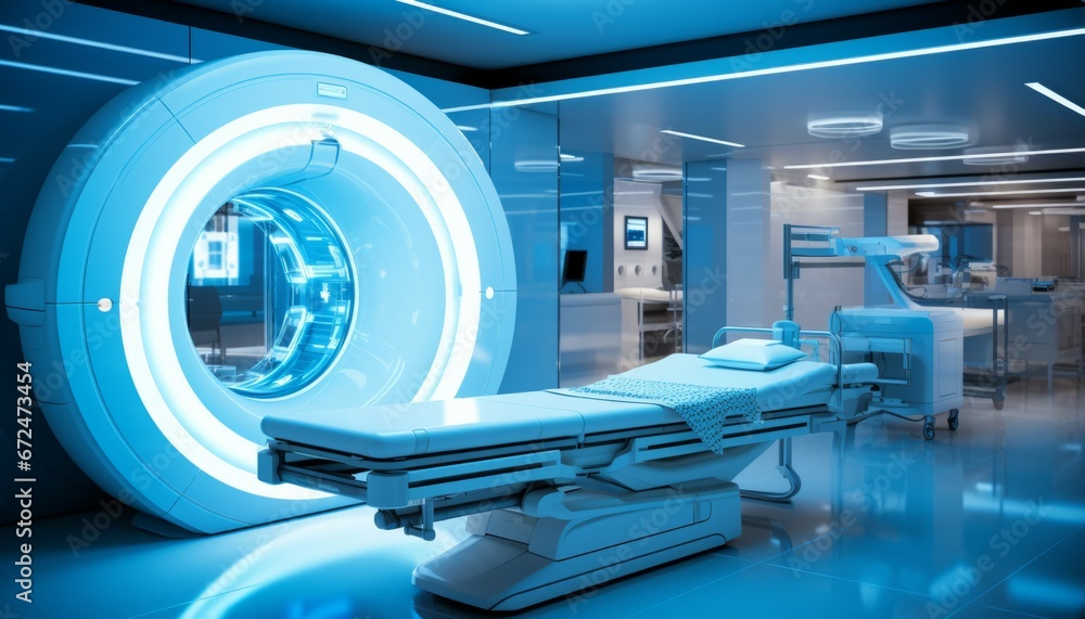 High tech advanced MRI or CT Scan medical diagnosis machine at the hospital laboratory and featuring various connected technologic devices High tech advanced MRI or CT Scan medical diagnosis machine at the hospital laboratory and featuring various connected technologic devices