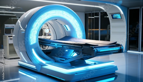 High tech advanced MRI or CT Scan medical diagnosis machine at the hospital laboratory and featuring various connected technologic devices