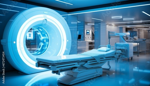 High tech advanced MRI or CT Scan medical diagnosis machine at the hospital laboratory and featuring various connected technologic devices