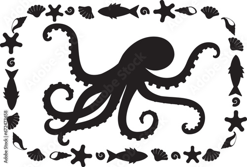 Octopus, sea animal in a rectangular frame - vector silhouette for printing or cutting. Marine composition stencil with octopus and other sea animals