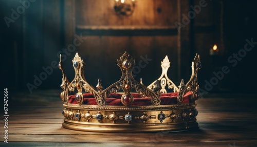 Shiny beautiful queen/king crown over wooden table with sun light in historical atmosphere. Fantasy medieval concept photo
