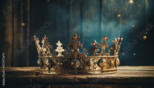 Shiny beautiful queen/king crown over wooden table with sun light in historical atmosphere. Fantasy medieval concept photo