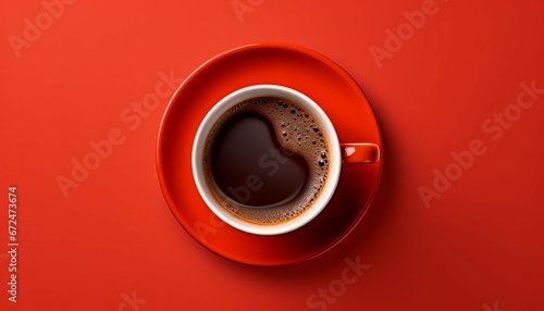 Red cup of coffee with foam and bubbles on red background. View from above top view menu, packaging design, poster, invitation card. photo