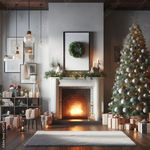 Fireplace and Christmas Tree with Presents, Frames, Canles in 3d Modern Living Room