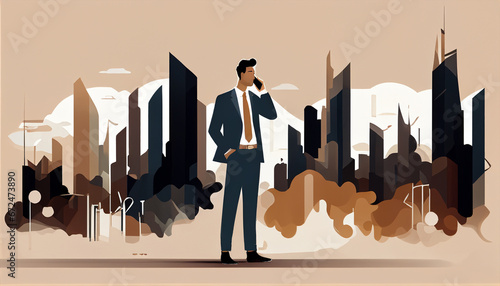 Ilustração minimalista de homem de negócios de terno e gravata segurando um celular com cidade moderna ao fundo. Executivo de sucesso, postura motivadora.
