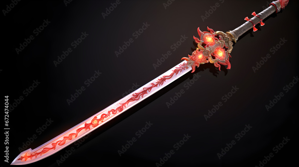 A radiant fantasy sword with a crimson blade and a sinister hilt set against a dark background A radiant fantasy sword with a crimson blade and a sinister hilt set against a dark background