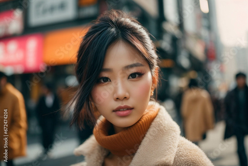 Captivating urban fashion: beautiful stylish asian girl in coat looking dreamily outdoors in Tokyo city, space for text