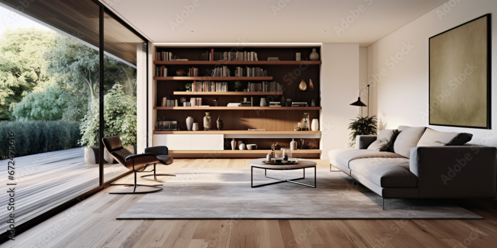 A modern minimal living room with clean lines, wood and leather sofa A modern minimal living room with clean lines, wood and leather sofa