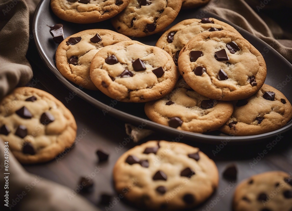 Delicious home made Chocolate chip cookies on a plate
