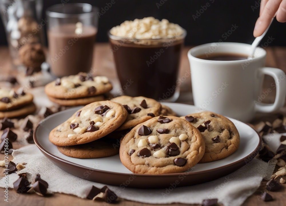 Delicious home made Chocolate chip cookies on a plate
