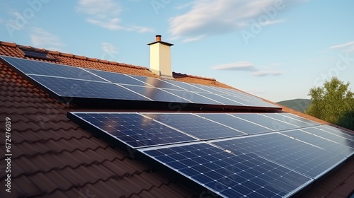 Alternatve electricity source, photovoltaics on the roof of a house building, solar panels sustainable resource concept photo