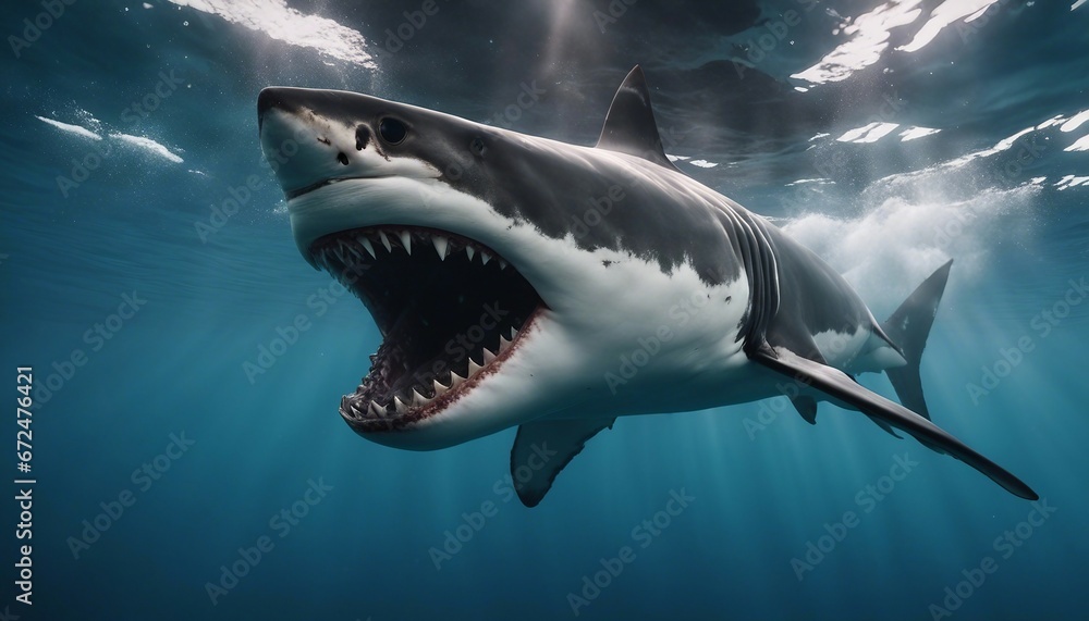 Obraz premium Great white shark attacks just underwater surface. Wild angry shark jaw 